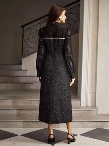 ZEYLAH Vestido feminino de tweed com recortes e patchwork, cintura marcada e corte em A - Preto - Ver 3