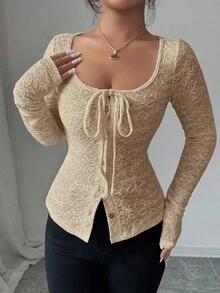SHEIN Allurite 休闲纯色前系带修身长袖女式T恤 - 卡其色 - 查看 6