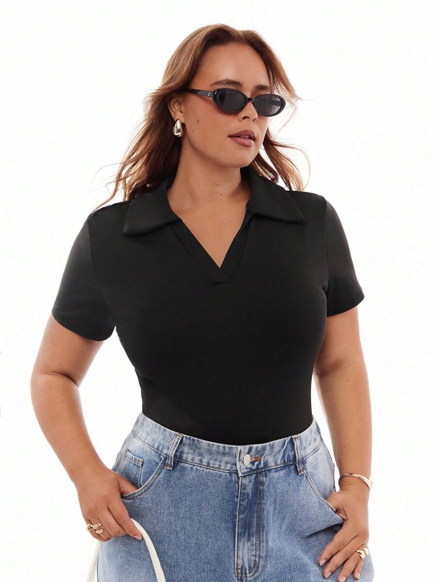 Solavibe Plus Size Solid Color Turn-Down Collar Short Sleeve Bodysuit, Summer - Black - View 1