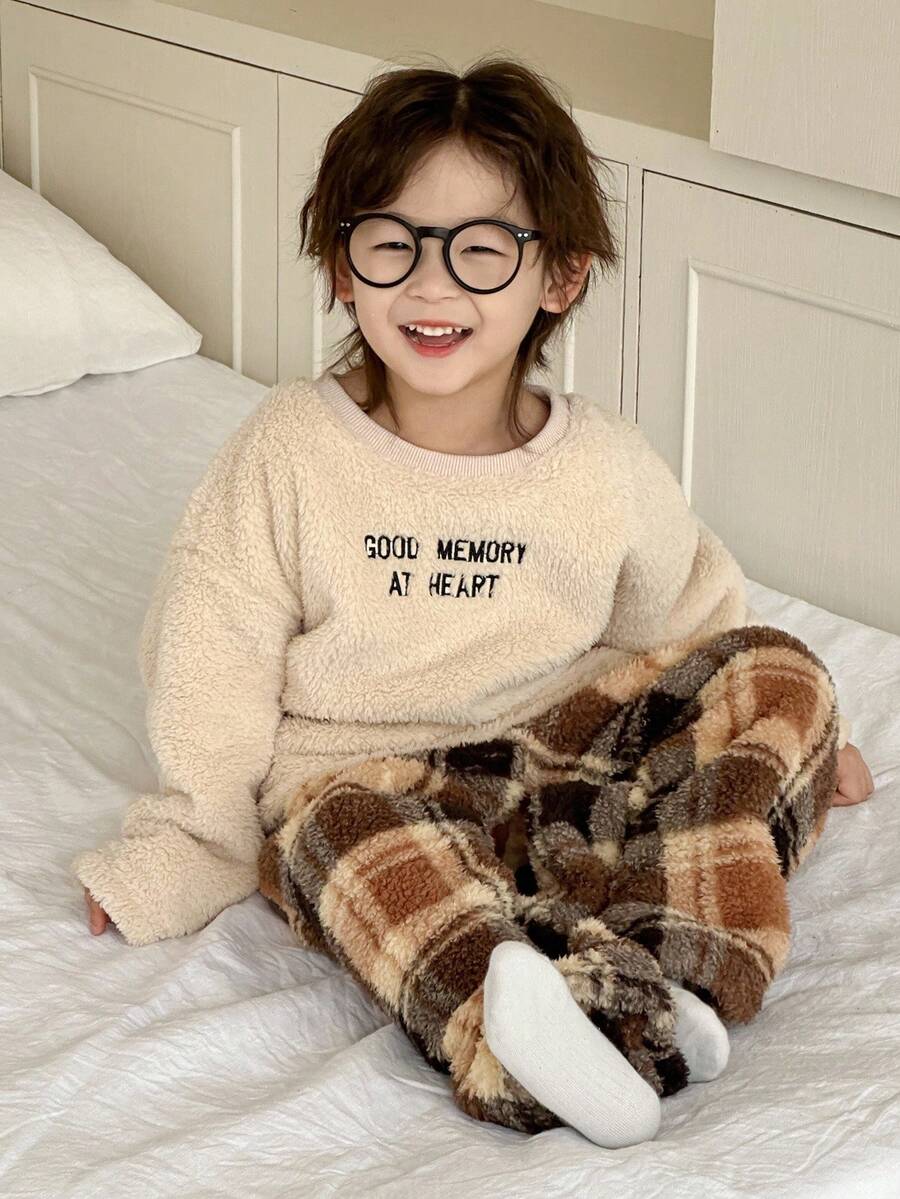 DAZY 2件套儿童男童圆领抓绒字母刺绣卫衣+裤子家居服套装，冬季 - 卡其色 - 查看 1