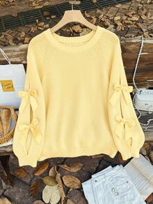 Firerie Suéter holgado de punto con decoración de lazo hueco, suéter holgado y lindo de talla grande en beige/invierno - Amarillo - Ver 6
