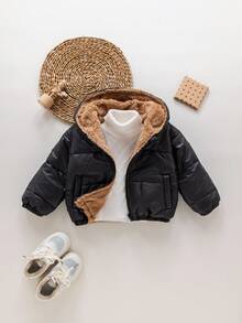 SHEIN 女婴可爱百搭保暖连帽夹克，秋冬 - 黑色 - 查看 3