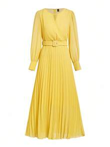 Ellevyn Women's Elegant Cream Yellow Pleated Hem Dress - Yellow - View 10