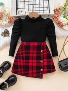 SHEIN 2 件 Babygirl 休闲针织长袖 T 恤和格子松紧腰裙套装 - 彩色 - 查看 1