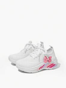 JNSQ A Pair Of Girls' White Bow Flat Breathable, Soft Lace-Up Running And Student Shoes Kids Sneakers - White - View 3