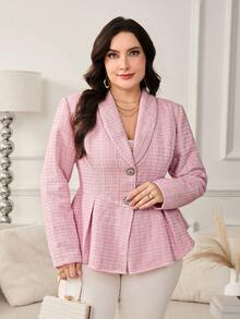Reflora Plus Size Women Lapel Long Sleeve Flared Pastel Pink Jacket/Winter - Pink - View 6