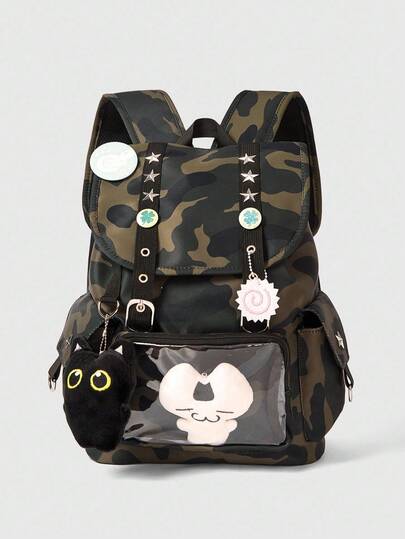Grunge Punk Punk School Style Cat Paw, Bone, Star & Striped Color Block Multi-Pocket Unisex Backpack, Large Capacity For Commute And School Useback To School Essentials, Bags For University, University Essentials
