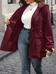 EMERY ROSE Plus Size Solid Color Casual Breathable Zip-Up Long Sleeve Coats In Fall/Winter Winter Clothes For Women  Fall Clothes For Women - Burgundy - View 7