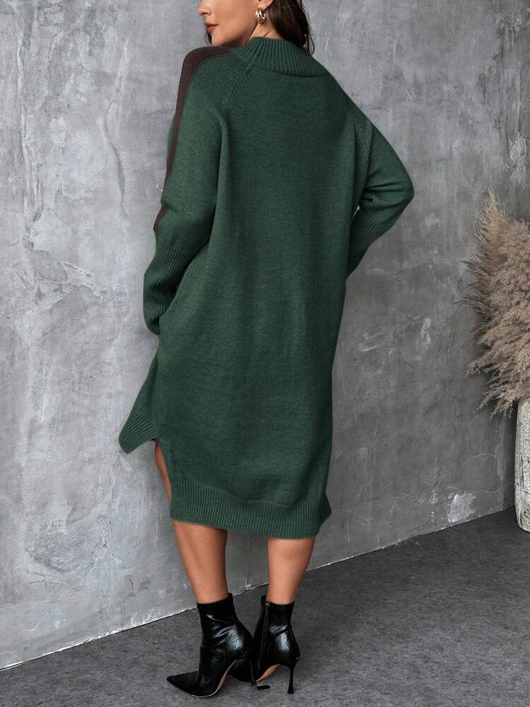 Plus Size Bodycon Turtleneck Sweater Dress With Side Slit Design, High-Low Hem, Color-Blocked Sleeves. Made With Multicolored Yarn For A Comfortable And High-Quality Feel.Parties, Music Festivals, Home Wear, Back-To-School Events, Gifting, And Shopping.Turtleneck Sweater,Winter Women Dress,Elegant Women Dresses,Fall Clothes Curve,Winter Clothes,Office Dress,Classy Dress,Elegant Dresses
