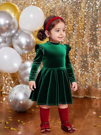 SHEIN 新生女婴休闲简约俏皮针织连衣裙，荷叶边，纯色，适合生日派对、晚会、表演、婚礼、洗礼、开幕式，适合日常穿着，适合上学，适合旅行，适合秋冬季节