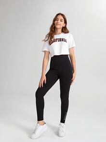 SHEIN Leggings básicos de cintura ajustada de punto para adolescentes - Negro - Ver 8
