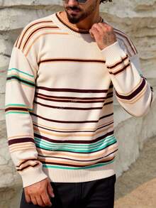 Manfinity NXTstreet 男士落肩长袖条纹宽松圆领毛衣男士条纹毛衣男士针织上衣男士套头衫复古毛衣男士条纹毛衣男士男士套头衫男士条纹针织衫男士毛衣，秋冬 - 彩色 - 查看 1
