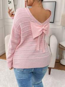 Elenzga Plusstorlek kvinnor tjock rosa rund halsad lös stor rosettdekor tröja, mångsidig för höst/vinter stickad pullover hösttröja - Rosa - Visa 8