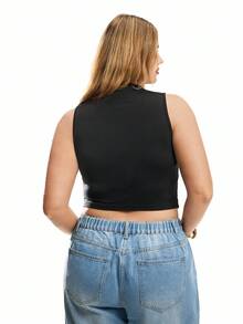 Solavibe 女性加大尺碼無袖上衣，小立領和褶皺裝飾，純色 - 黑色 - 查看 3