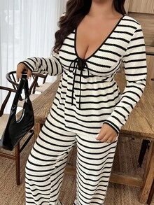 EMERY ROSE Plus Size Striped Long Sleeve Top And Pants 2 Pieces Set, Casual - Multicolor - View 3