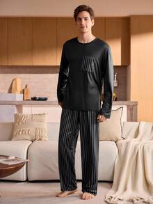 Manfinity Underwear&Sleepwear Basics 2pcs/Set Plus Size Men's Striped Crew Neck Long Sleeve Top And Striped Pants Pajama Set (Comfortable Loungewear) - Black - View 3