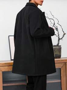 Manfinity Homme 男士休闲前襟纽扣翻领长袖夹克，秋季男士长款外套，暗黑学院风男装，男士外套，男士夹克，男士风衣 - 黑色 - 查看 2