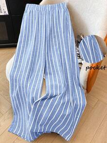 GlowEve Women's Elastic Waist Pockets Striped Wide Leg Loose Casual Pants - Blue - View 5