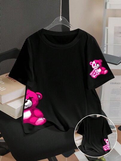 SHEIN Unity Cute Skull Bear Digital Print Comfortable Short Sleeve T-Shirt, Sexy Front Design, Suitable For Home, Summer