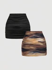 SHEIN MOD 2pcs Women's Casual Minimalist Ruched Bodycon Mini Skirt Set,Halloween Costumes,Vacation Outfits Women,2000s Clothes, Costume - Multicolor - View 2