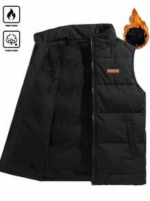 Manfinity Homme 男士秋冬立领黑色羊毛背心，棕色绗缝设计加厚棉服，休闲百搭无袖外套，男友礼物 - 黑色 - 查看 1