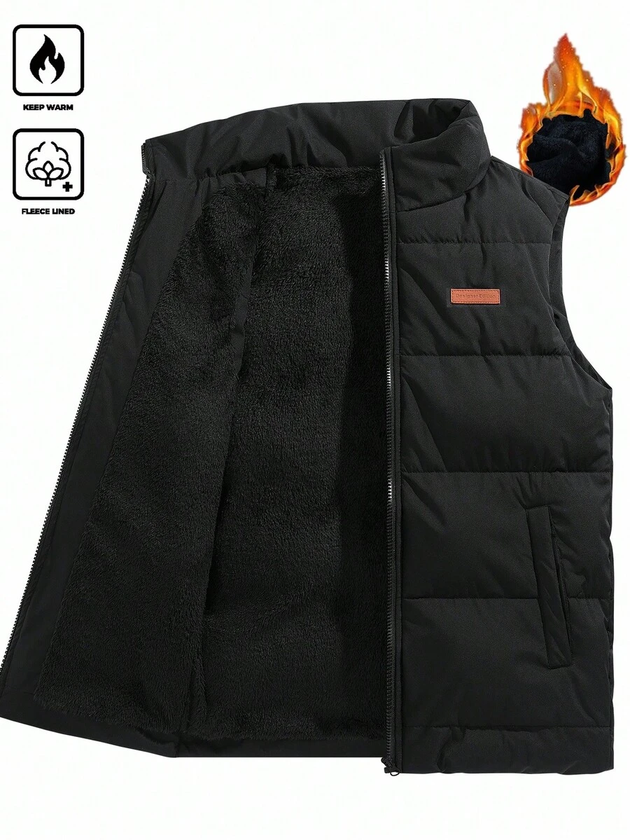 Manfinity Homme 男士秋冬立领黑色羊毛背心，棕色绗缝设计加厚棉服，休闲百搭无袖外套，男友礼物 - 黑色 - 查看 1