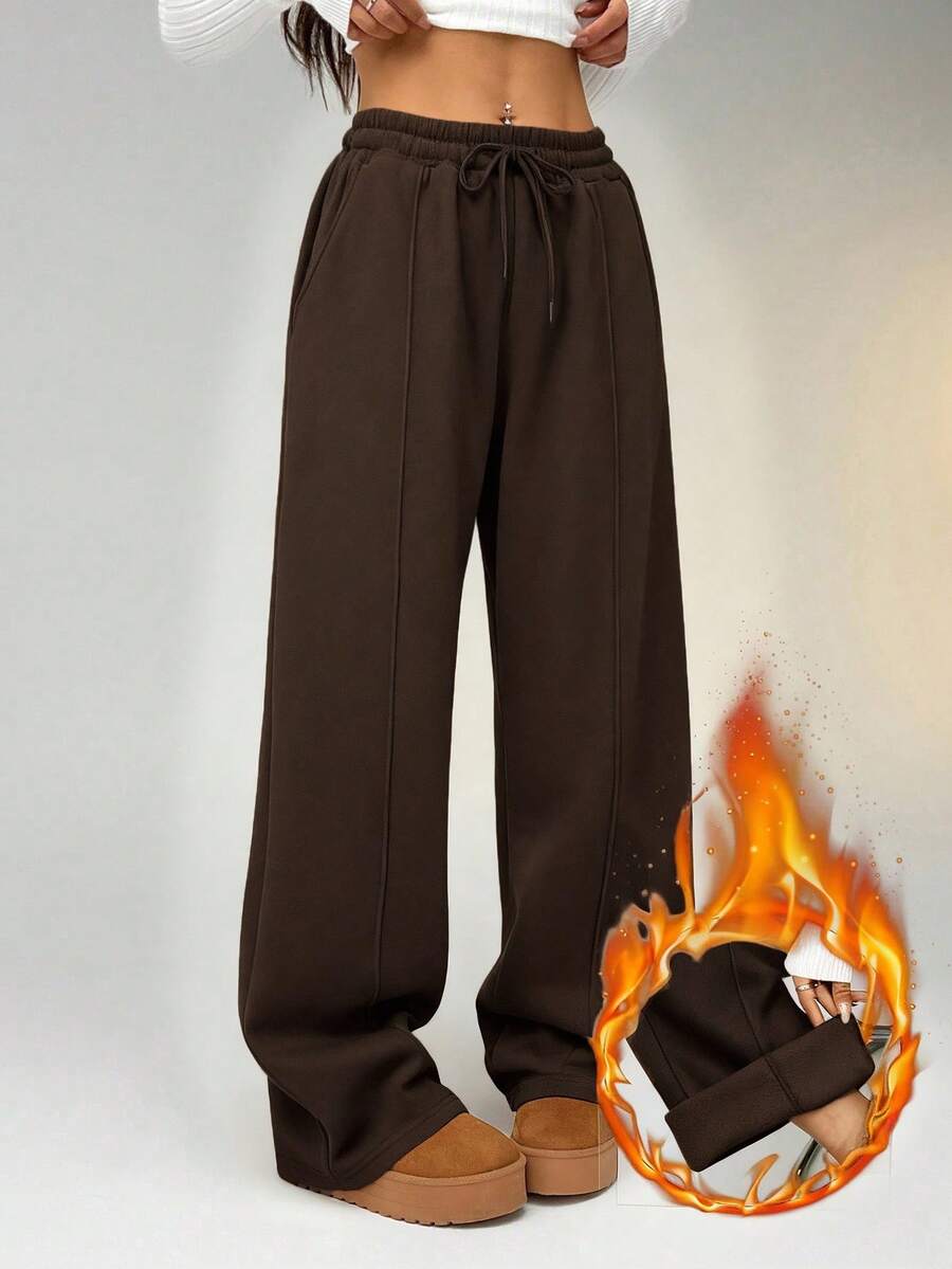 SHEIN EZwear Women's Knitted Coffee Brown Long Straight Leg Sweatpants With Practical Pockets Wide Leg Sweatpants Brown Pants Flare Sweat Pants Brown Bottoms Women Y2k Pants - Coffee Brown - View 1