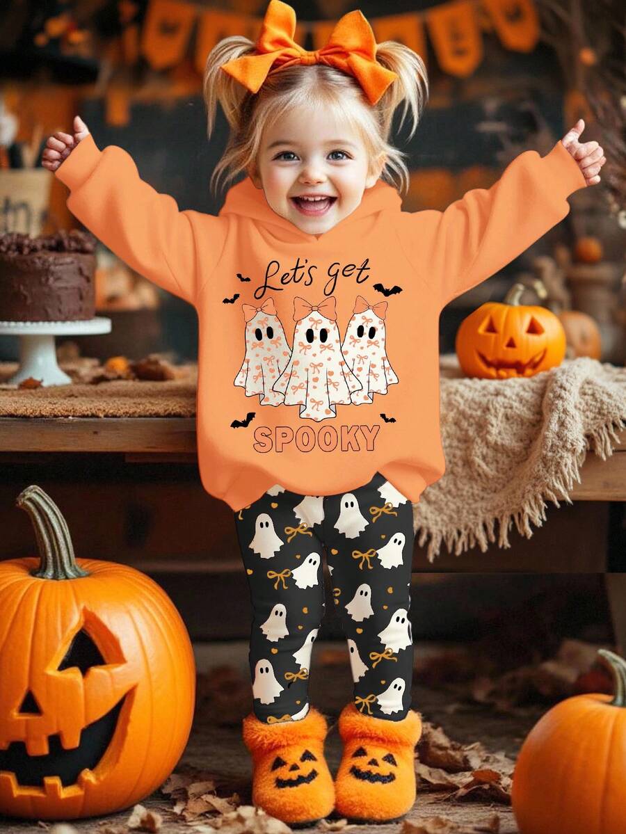Baby Girl Halloween Dark Green,Autumn,Cute,Birthday 2 Pieces Set,'s Get Ghost Bow Print Hoodie And Winter Pants,Loose Casual Fall Loungewear Outfit - Multicolor - View 1