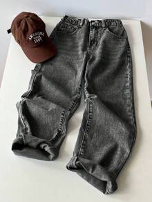 SHEIN 青少年男孩时尚休闲Y2K复古酷炫蓝色牛仔宽松舒适直筒牛仔裤，柔软舒适，适合日常穿着，也适合秋季、冬季返校、返校节、锐舞音乐节和海滩街头服饰，展现复古街头朋克Y2K风格，宽松牛仔裤 - 灰色 - 查看 7