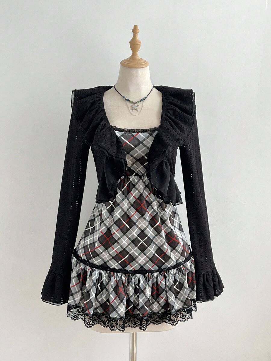 SHEIN Unity 女士时尚天鹅绒拼接蕾丝吊带裙，适合休闲、派对、日常穿着、秋冬季，搭配女士长袖层叠荷叶边拼接衬衫 - 彩色 - 查看 1