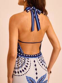 CAJUNI Backless Geometric Palm Tree Print Dress, Sexy For Vacation - Multicolor - View 8