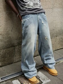 ROMWE MEN Street Life Men's Casual Washed Distressed Star Rhinestone Ripped Wide Leg Jeans - Dark Wash - View 4