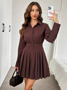 Easowa 净色褶裥下摆衬衫裙 - 咖啡棕 - 查看 4