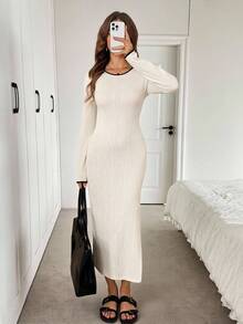 SHEIN LUNE Vestido midi de manga larga con cuello redondo, abertura alta en la cintura, ajustado, de tela texturizada de bloques de color, estilo casual, relajado y elegante para la oficina y el día a día, otoño/invierno - Albaricoque - Ver 1