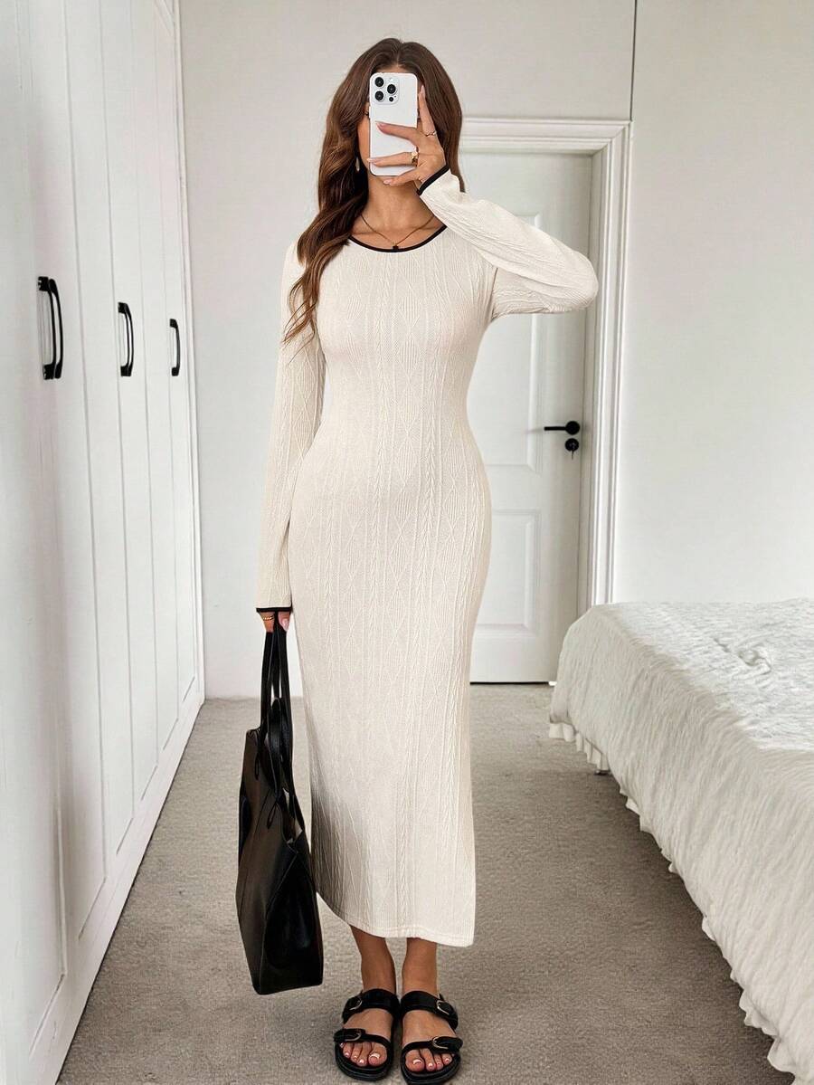 SHEIN LUNE Vestido midi de manga larga con cuello redondo, abertura alta en la cintura, ajustado, de tela texturizada de bloques de color, estilo casual, relajado y elegante para la oficina y el día a día, otoño/invierno - Albaricoque - Ver 1
