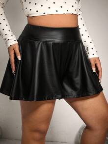 SHEIN EZwear Plus Size PU Skirt Pants, Versatile Casual, Suitable For Dates And Parties - Black - View 1