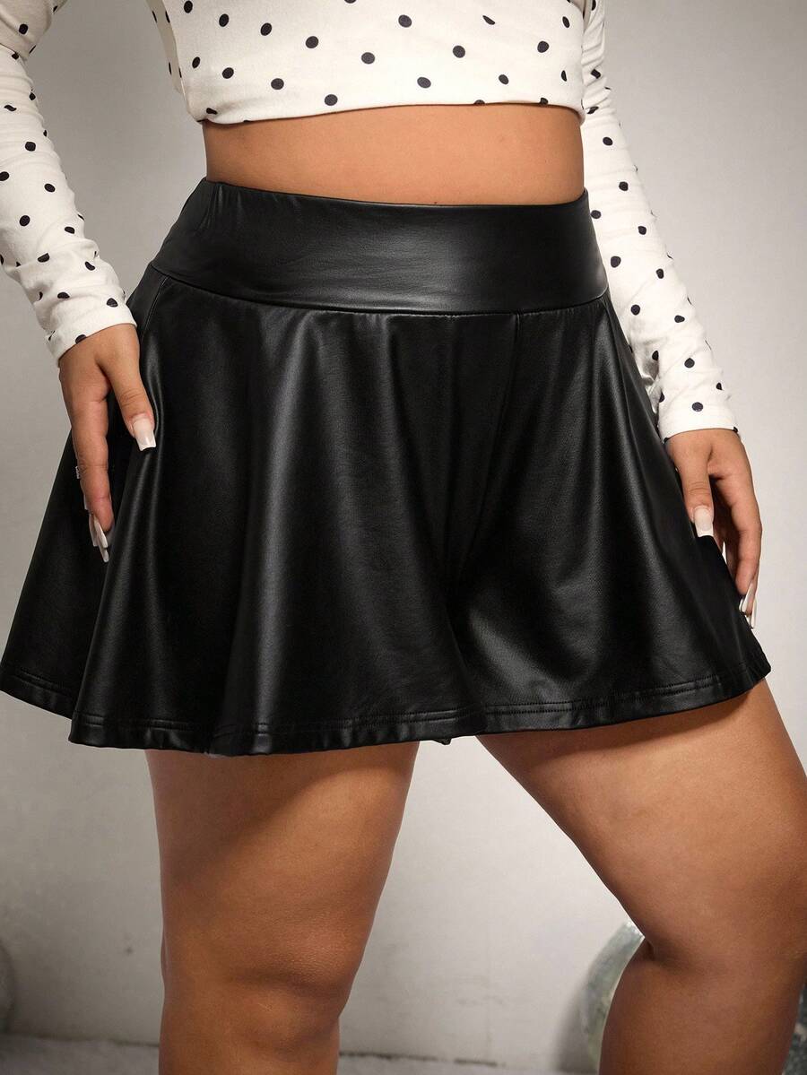 SHEIN EZwear Plus Size PU Skirt Pants, Versatile Casual, Suitable For Dates And Parties - Black - View 1