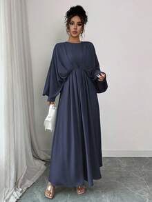 Elenzga 女士优雅简约高端休闲连衣裙，适合办公室、通勤、海滩、音乐节、下午茶、德比、帆船赛，纯色圆领二合一腰部荷叶边褶皱蝙蝠袖 A 字长裙，春夏 - 藏蓝色 - 查看 6