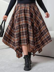 SHEIN CURVE+ 大码不对称下摆棕色灯芯绒格子裙，秋冬 - 彩色 - 查看 1
