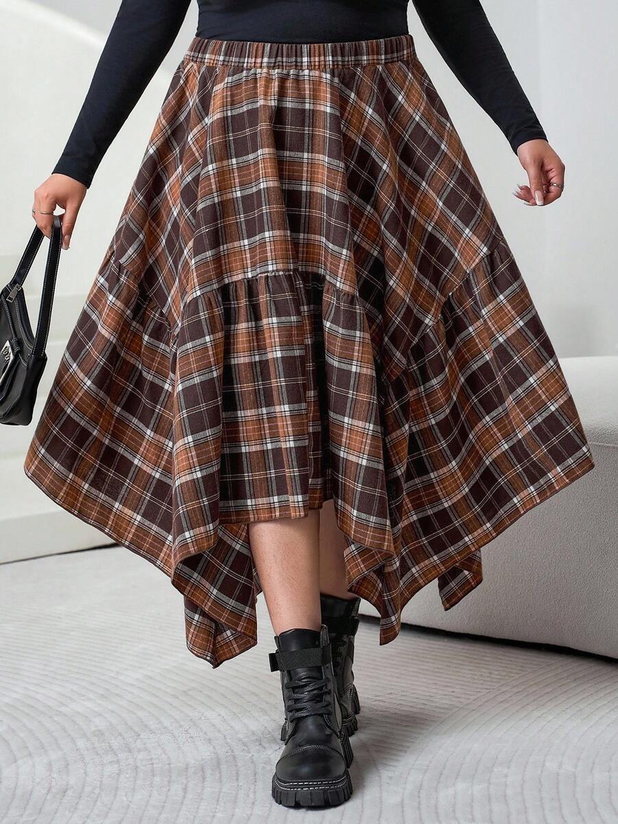 SHEIN CURVE+ 大码不对称下摆棕色灯芯绒格子裙，秋冬 - 彩色 - 查看 1