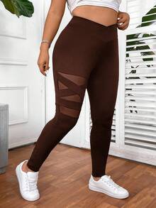 SHEIN PETITE CURVE 大码女式纯色基本款日常打底裤 - 棕色 - 查看 5