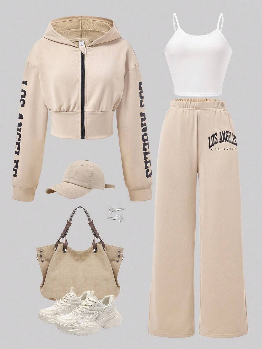 Sparklyn 3pcs/Set Casual Letter Print Zip-Up Hoodie Jacket, Solid Color Camisole, And Letter Graphic Wide Leg Pants Outfit For Teens And Young Girls, Fashionable For Daily Wear, Commuting And School