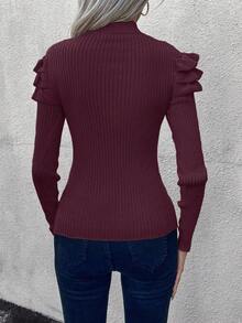 EMERY ROSE Women's Solid Color Button Design Stand Collar Long Sleeve Ruffle Hem Fitted Fashionable Pullover Sweater, Autumn - Burgundy - View 2