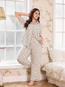 CottageSlumber Plus Size Ditsy Floral Ruffle Collar Open Front Pajama Set - Multicolor - View 5