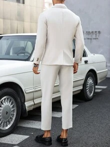 Manfinity Mode 2pcs/Set Men's Solid Color Double-Breasted Jacket & Trousers Suit,Gifts For Boyfriend,White Men Suits - Apricot - View 2