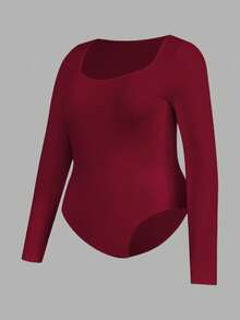 SHEIN Essnce Modische Lässig Business Outfit für Damen in Große Größen, 2-teilig, Schwarz, Burgund, Ankerrot, Mehrteiliger enger Jumpsuit mit Bodycon-Schnitt, Quadratischem Ausschnitt und Langarm