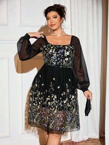 Cravure Plus Size Women's New Elegant Party Square Neck Floral Embroidery Mesh Lantern Sleeve A-Line Dress - Multicolor - View 5