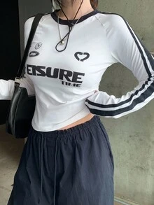 DAZY 字母印花条纹侧边拼接T恤衫，秋季女装长袖上衣图案T恤 - 白色 - 查看 3