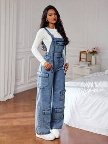 SHEIN PETITE Peto vaquero casual lavado para mujer - Azul - Ver 5