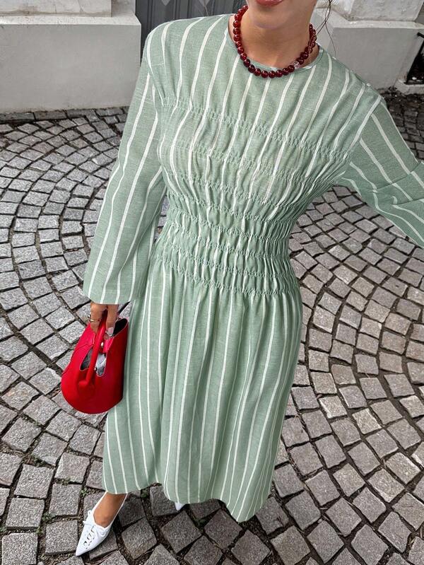 Siren Gaze Women's Striped Round Neck Long Sleeve Pleated Casual Dress Winter Green